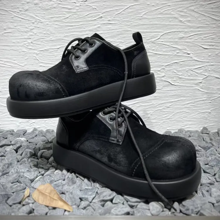 复古黑色做旧磨砂牛皮厚底休闲德比鞋男士日系小众低帮皮鞋新款