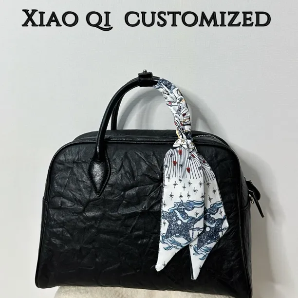 Xiao Qi头层牛皮手抓纹波士顿包大容量枕头包时尚手提包个性通勤