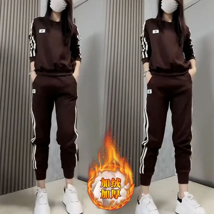 高含棉时尚套装女2025秋冬新款加绒加厚气质减龄卫衣束脚裤两件套