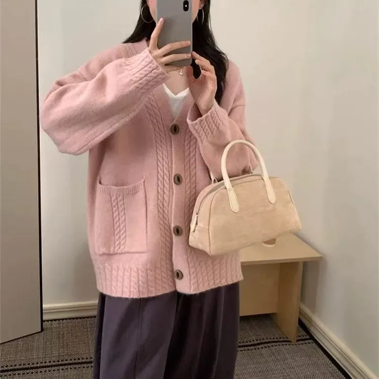洋气复古麻花慵懒风毛衣开衫女秋冬新款时尚高级感v领针织衫外套