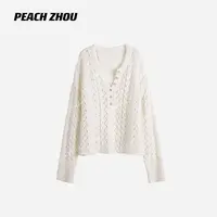 『PEACHZHOU』羊毛混纺勾花镂空宽松圆领针织衫休闲落肩半系扣毛衣
