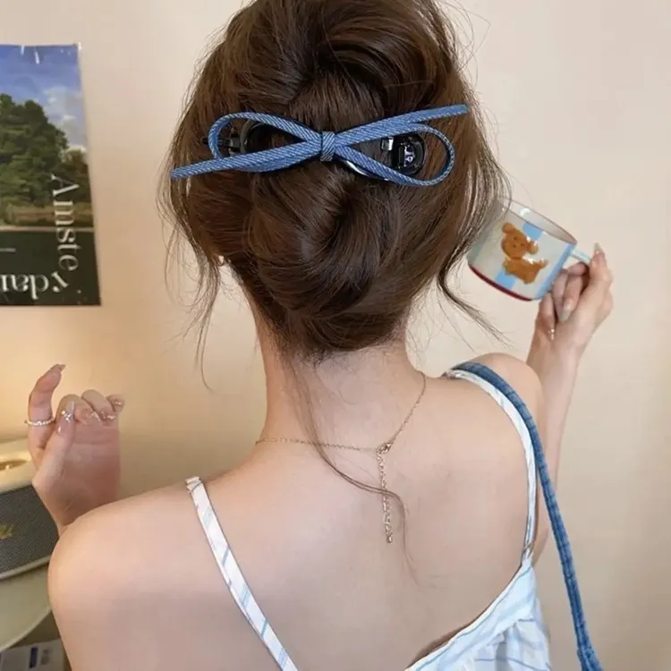 J复古牛仔蝴蝶结扭扭夹女高级感2025新款一字抓夹后脑勺盘发夹
