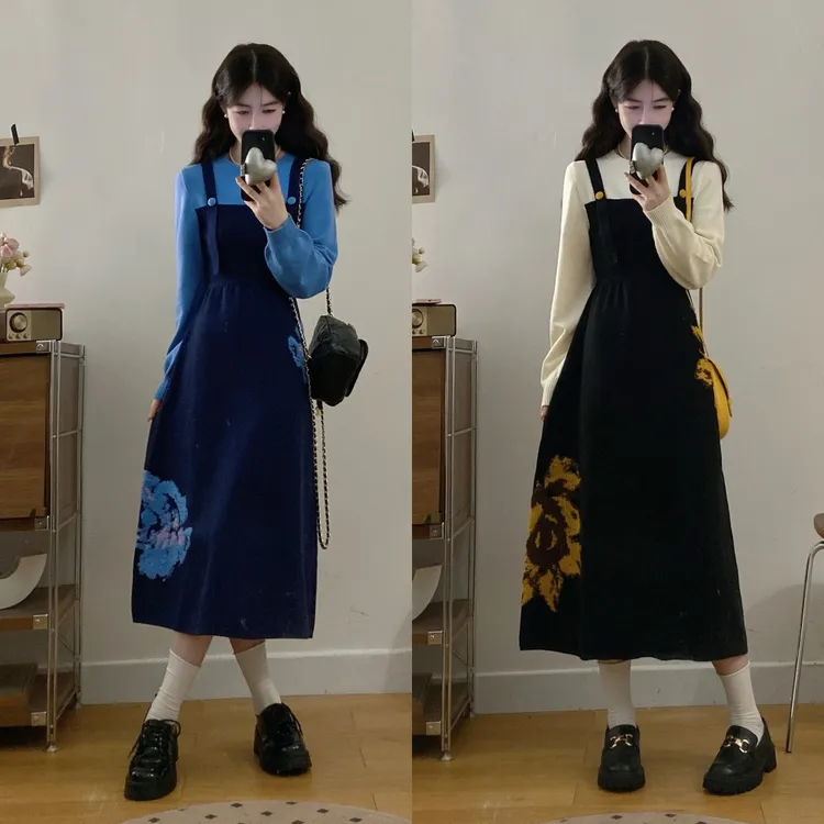 大码冬季法式复古撞色提花长裙设计感假两件针织显瘦连衣裙9072