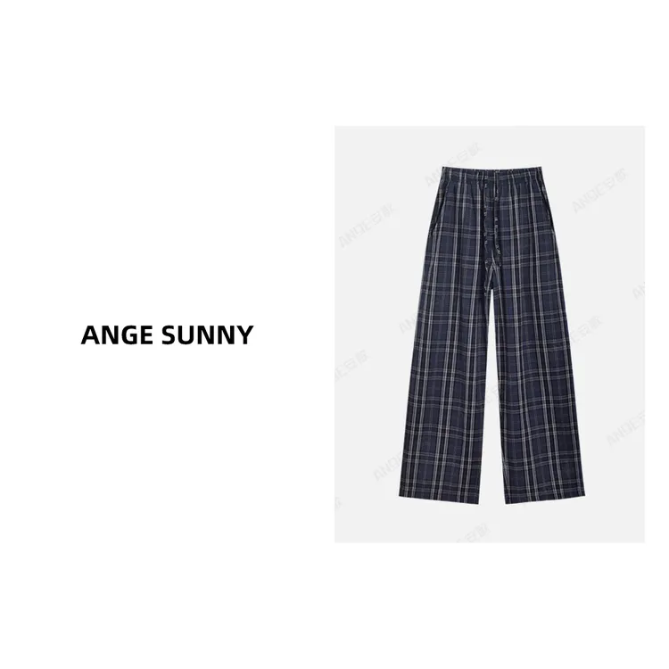 ANGE SUNNY【巴黎格纹休闲裤】复古双褶撞色格纹抽绳长裤