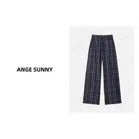 ANGE SUNNY【巴黎格纹休闲裤】复古双褶撞色格纹抽绳长裤