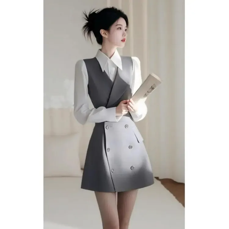 4189+4190气质收腰西装连衣裙时尚套装女2025春装新款长袖衬衣