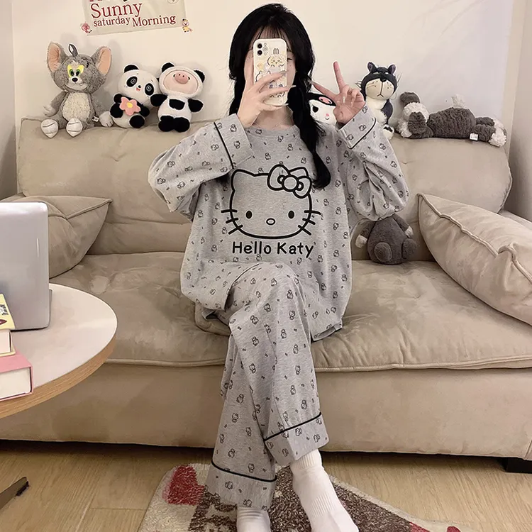 女童睡衣春秋季长袖新款纯棉波点可爱中大童小女孩家居服套装6-15