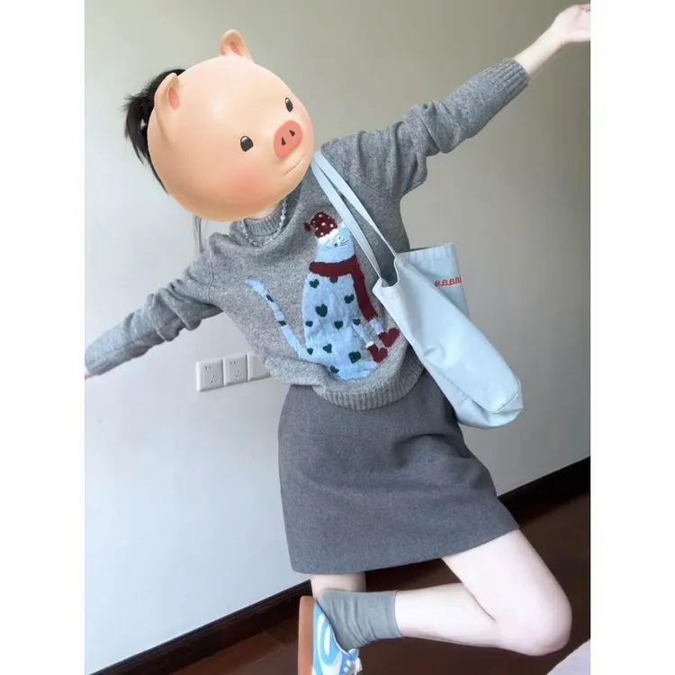 MARIE.COCO秋季慵懒风猫咪图案长袖针织衫女搭配百搭A字裙两件套