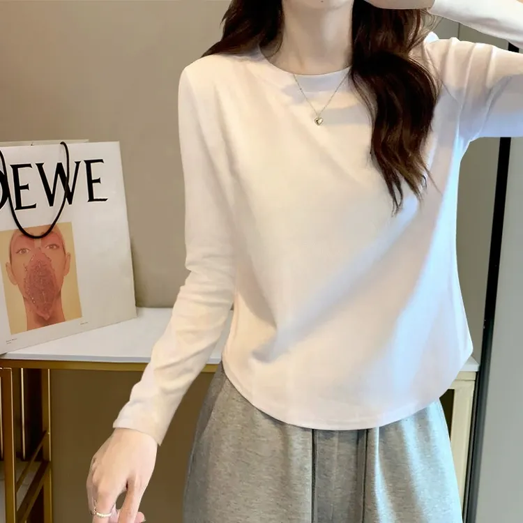 女款春季修身长袖T恤短款不规则设计感小个子内搭纯色上衣棉氨纶