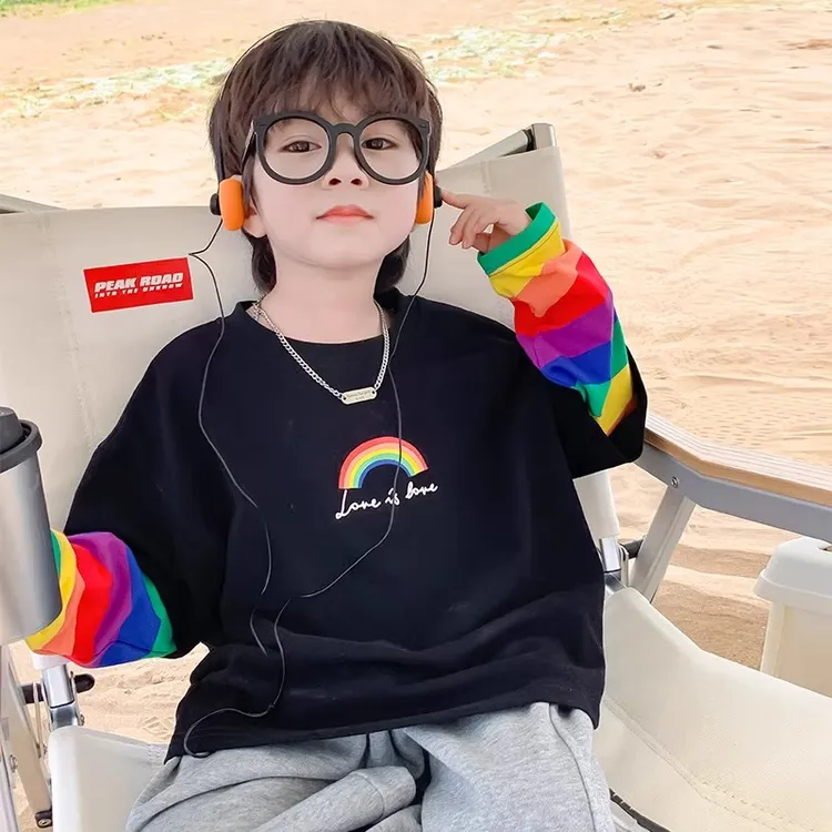 男童纯棉假两件彩虹长袖T恤春秋季新款儿童洋气休闲上衣英文百搭t