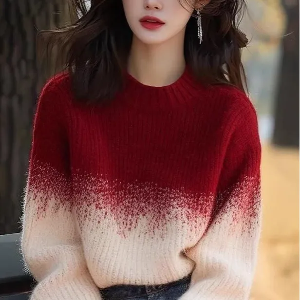 加厚百搭安可拉红杏色渐变圆领毛衣女款2025新款冬季针织衫超上衣