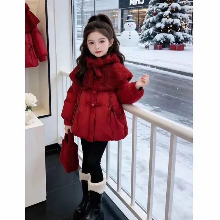 拜年服女童棉服2025冬季新款红色本命年棉袄儿童连帽加厚外套棉衣