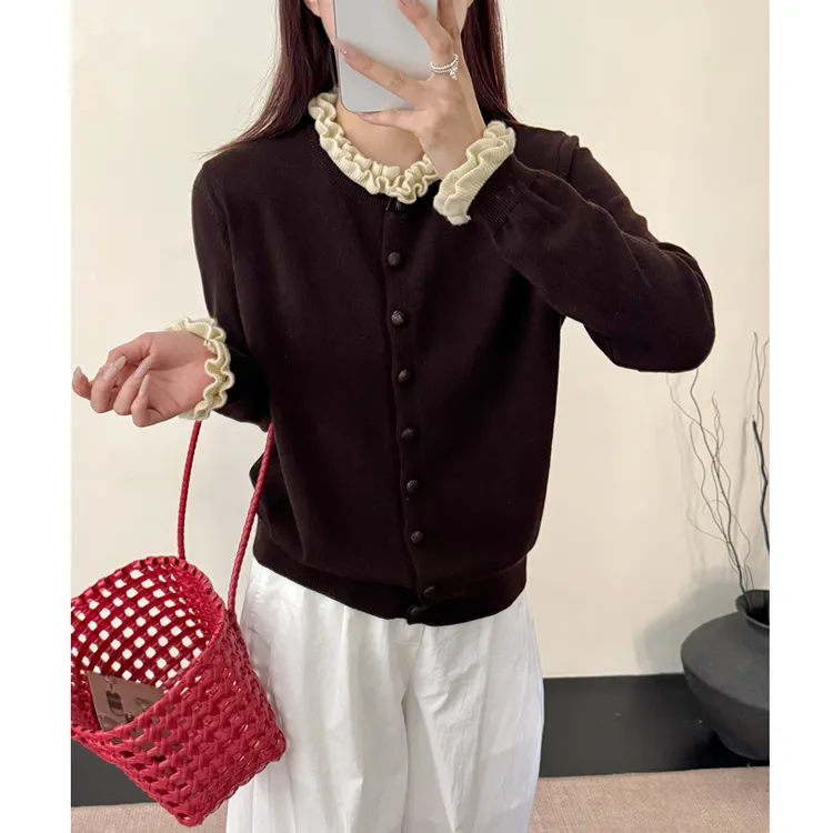 双荷叶边春秋季新款针织开衫长袖百搭羊毛衫8261