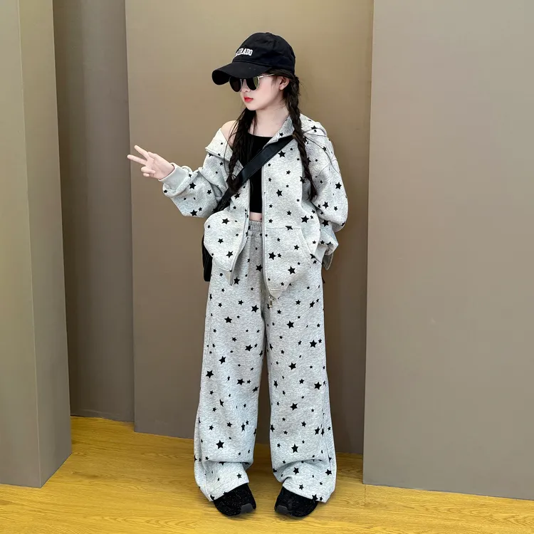 女童2025新款中大童春秋季时尚宽松休闲印花外套宽松阔腿裤套装潮