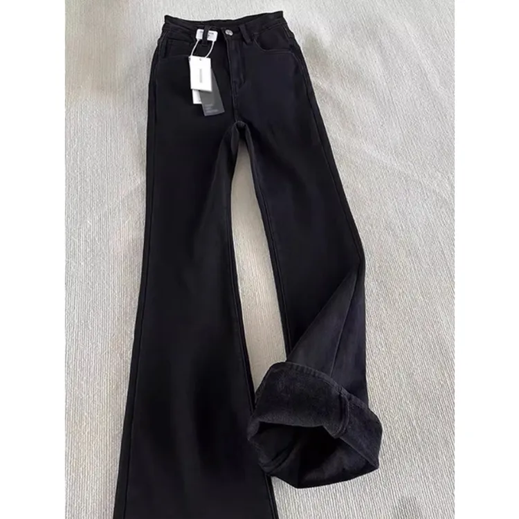 黑色加厚微喇牛仔裤男秋冬款加绒保暖显瘦裤子vibe高街弹力弯刀裤