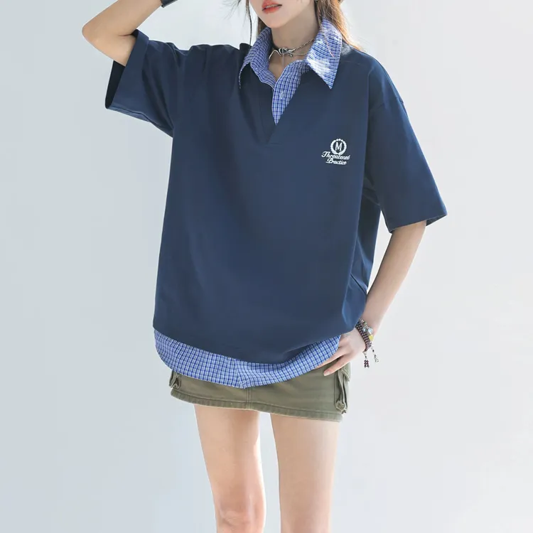 夏季假两件拼接格子短袖男女美式复古翻领学院风polo衫t恤上衣潮