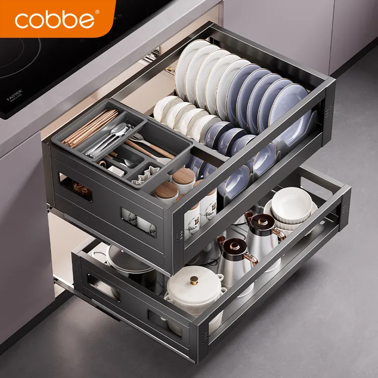 卡贝不锈钢拉篮抽屉式碗篮厨房橱柜双层调味拉蓝拉篮橱柜抽屉式
