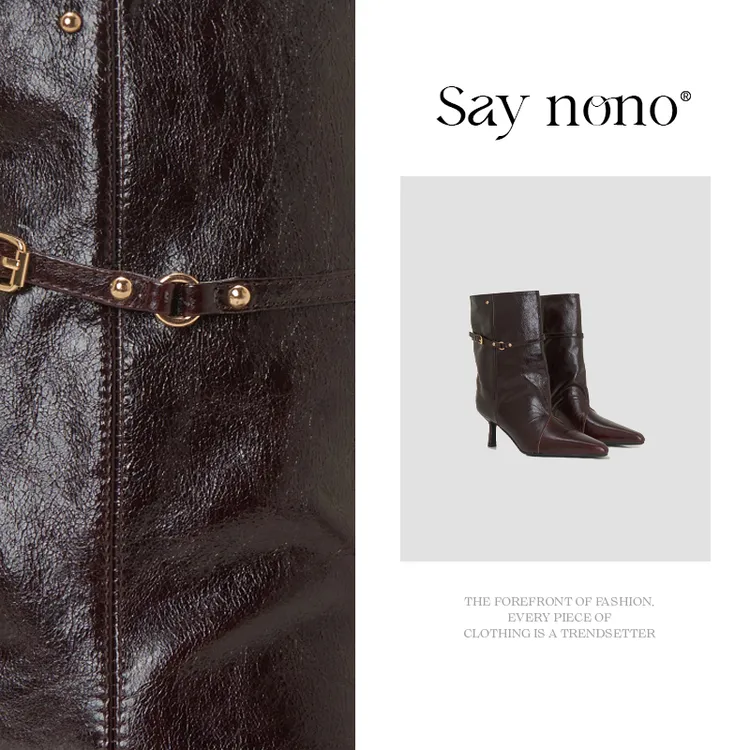 Say  nono  尖头头层油蜡植鞣牛皮舒适百搭皮带扣时装靴6cm