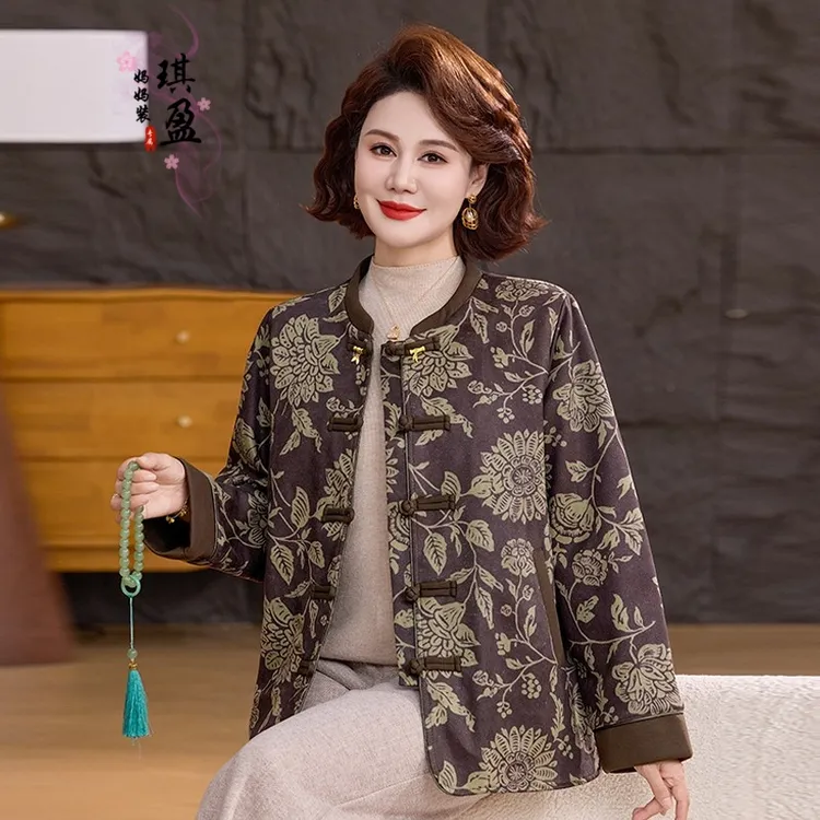 秋冬大码妈妈装加肥立领大花加棉外套秋季中老年洋气国风上衣宽松