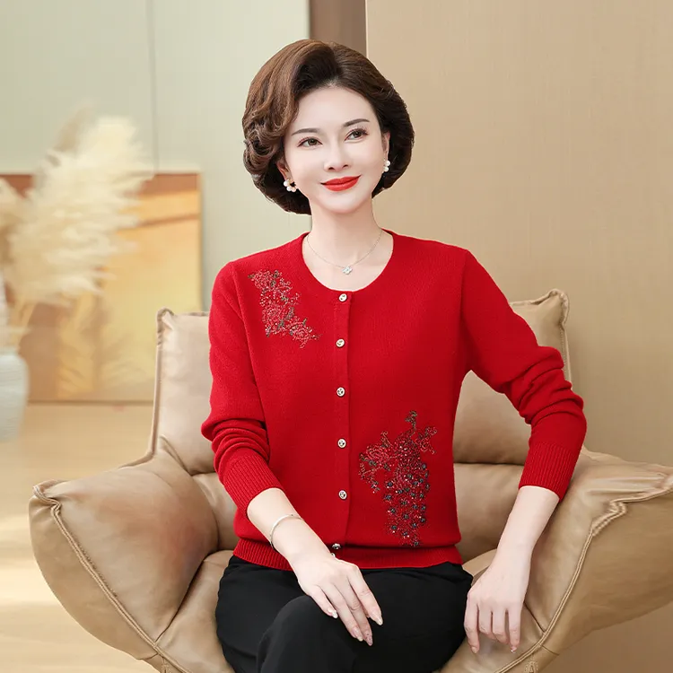 春秋冬季100%纯羊毛女开衫毛衣刺绣圆领针织打底衫中年妈妈装上衣