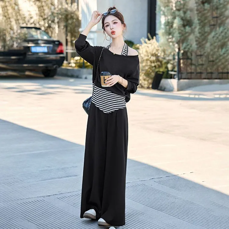 财阀千金套装2025秋季新款挂脖圆领拼接假两件上衣阔腿裤两件套