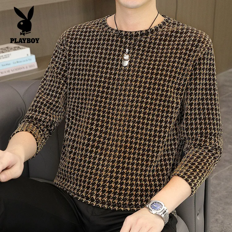 花花公子圆领上衣长袖秋季潮流休闲撞色时尚百搭新款休闲打底衫