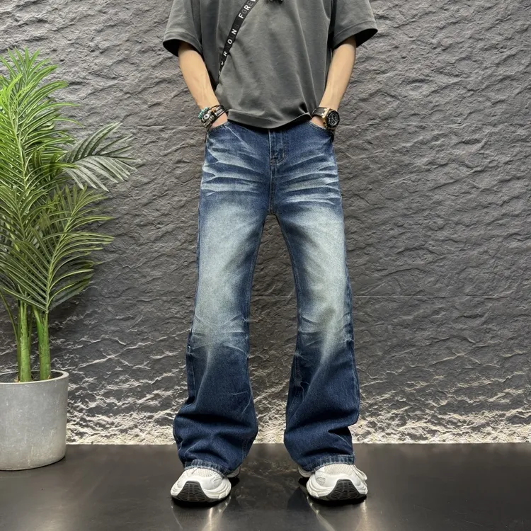 水波纹做旧喇叭纯色蓝色牛仔裤2025新款男士阔脚百搭潮流休闲长裤