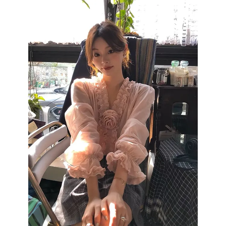 玫瑰花重工刺绣玫瑰花衬衣木耳边衬衫新中式设计感上衣HD