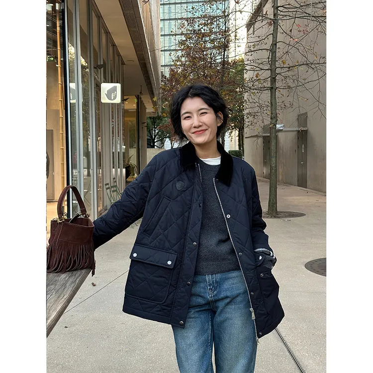 LANGQING 藏青色小个子菱格中长款巴恩风外套立领棉衣43205#