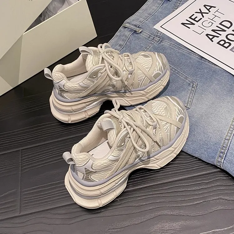 网红超火厚底老爹鞋2025春季新款网面透气鞋子小个子增高运动鞋WX