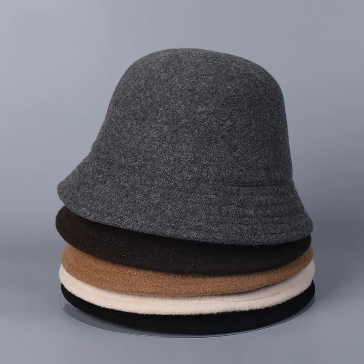 秋冬羊毛100%盆帽简约高级质感渔夫帽圆顶宽檐显脸小气质帽子女