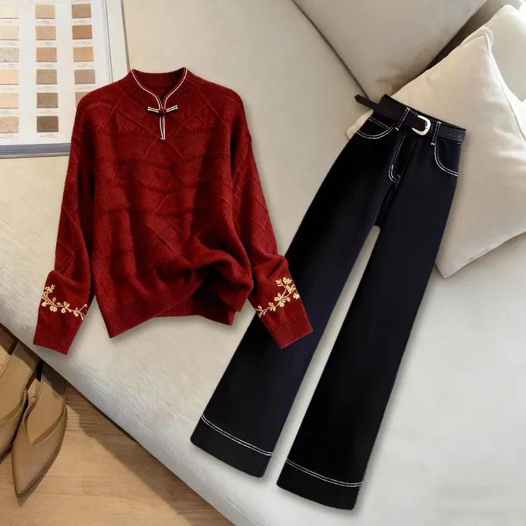 2025冬季新款设计感小众超好看上衣百搭高腰直筒裤时尚气质两件套