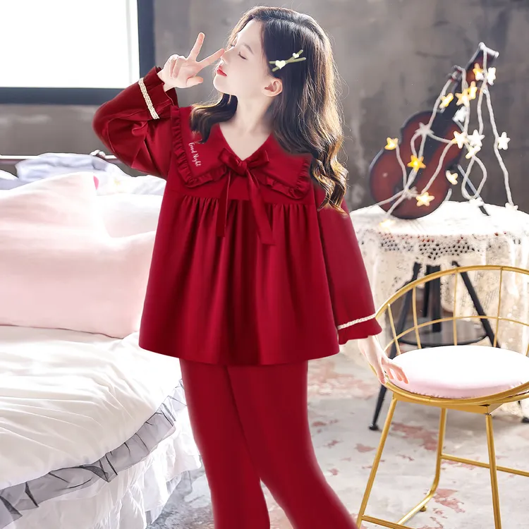 春秋季睡衣女孩纯棉长袖中大童少女2026马年公主风红色家居服套装