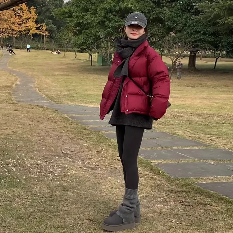 安哥拉红短款羽绒服女2025冬新韩版加厚小个子90白鸭绒面包服外套