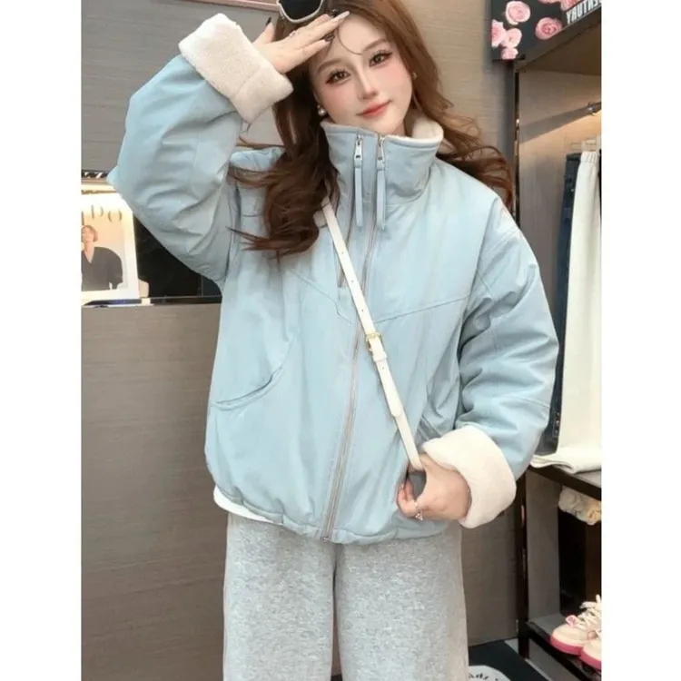 2025短款仿羊羔毛双链接派克服女小个子韩版三防高中生女士棉服