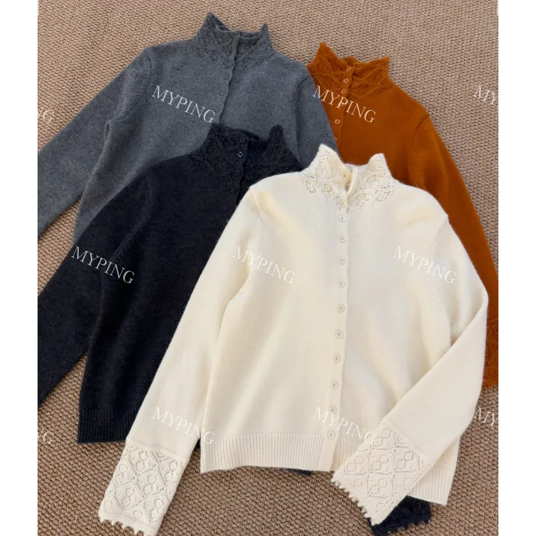 MY【立领钩花袖】100%全羊毛冬季新款韩系设计感镂空钩花袖针织开衫