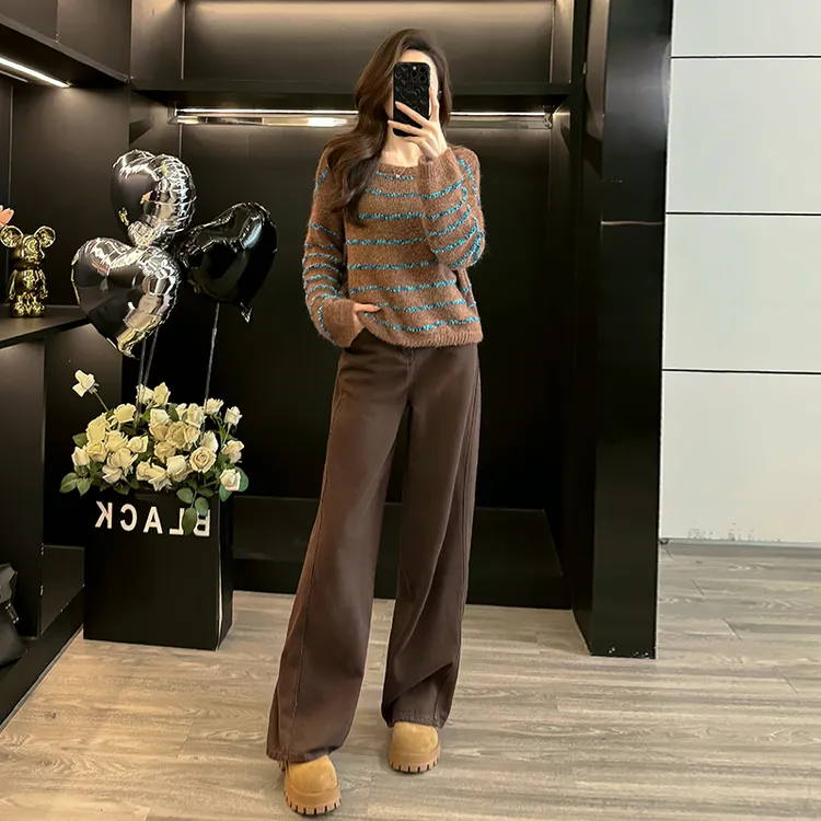 秋冬新款设计感洋气复古条纹长袖毛衣高腰牛仔长裤时尚套装女