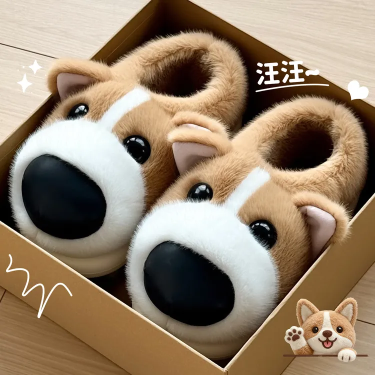 红豆可爱柯基棉拖鞋男士包跟冬季居家室内防滑厚底毛绒保暖棉鞋男