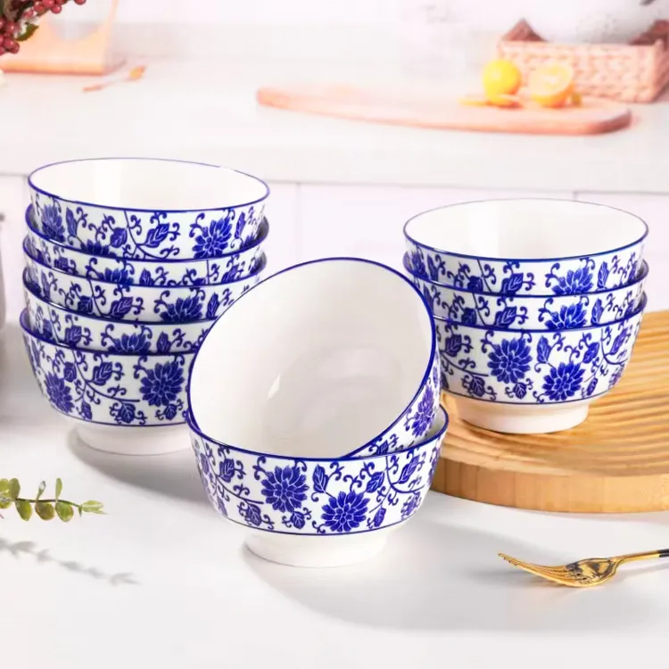 10只装5英寸家用陶瓷米饭碗青花瓷福字陶瓷吃饭饭碗粥碗创意中式