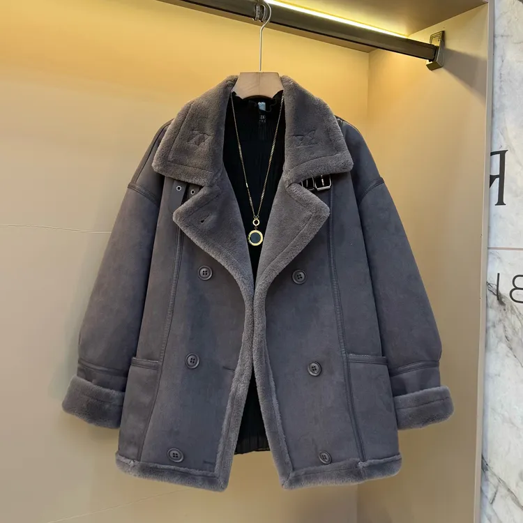 2025冬时尚欧货加厚拼接毛毛轻奢宽松百搭洋气胖mm翻领外套998