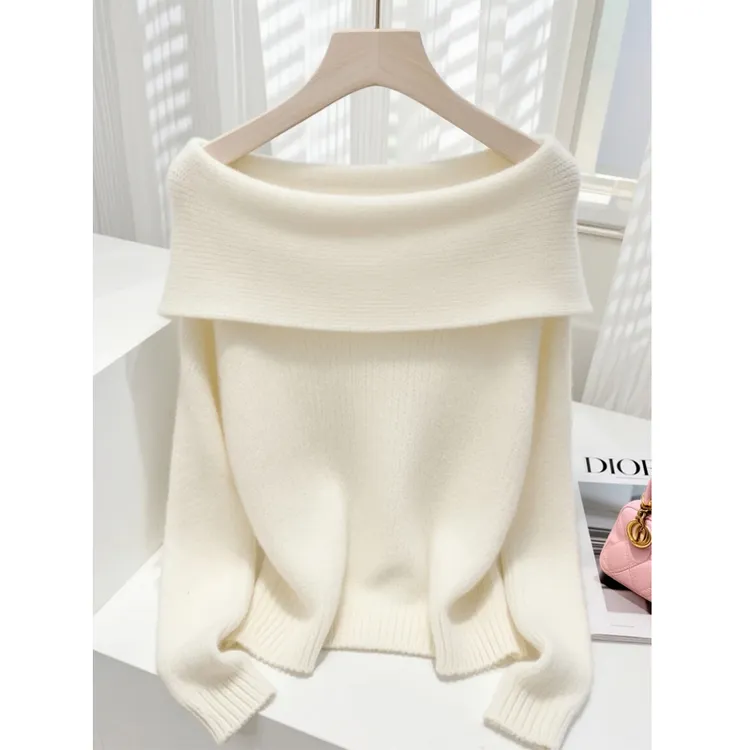 拍照必备衣服一字肩针织衫毛衣女款爆款2025新款洋气高贵上衣秋冬
