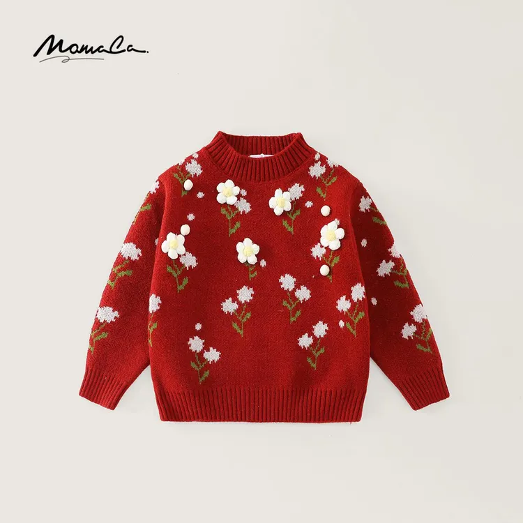 MOMOCO冬季女童时尚洋气套头毛衣小花圆领针织上衣77830230062