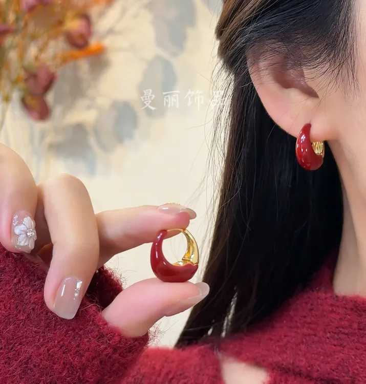 铜合金耳饰 2026轻奢安可拉红滴釉气色耳环