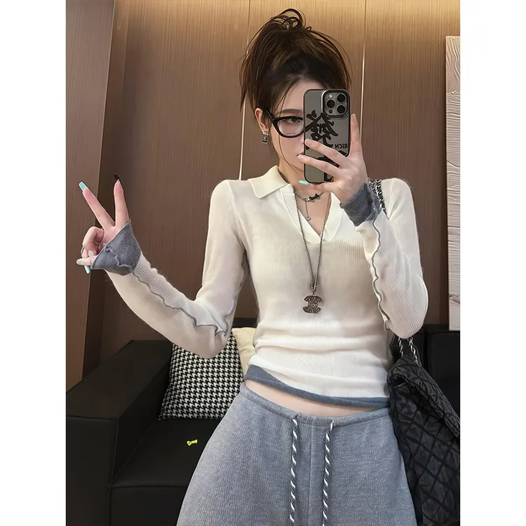 辣妹设计感小众撞色V领毛针织衫女秋季新款辣妹修身显瘦打底上衣