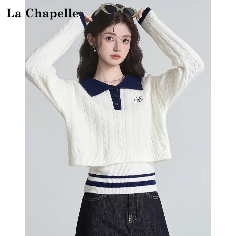 拉夏贝尔秋冬季白色翻领短款毛衣女+内搭背心针织衫叠穿两件套装