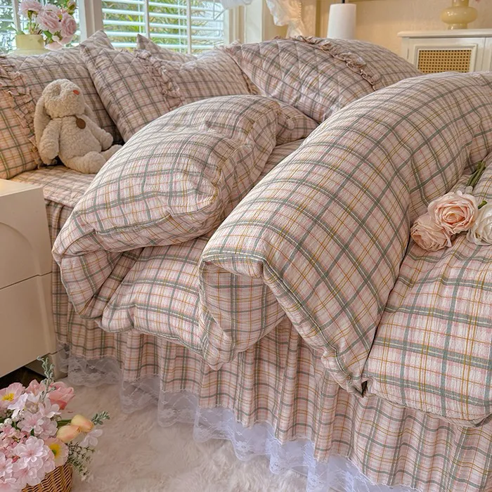 双层皱皱纱夹棉床裙四件套加厚防滑床罩床垫保护罩套网红韩版宿舍