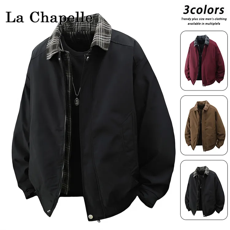 拉夏贝尔古着vintage格纹拼接夹克男冬季假两件夹克翻领棒球外套