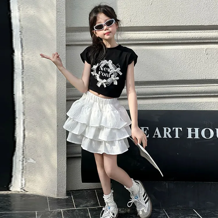 女童夏季套装2025新款韩系中大童蝴蝶结短款T恤+甜美蛋糕裙两件套