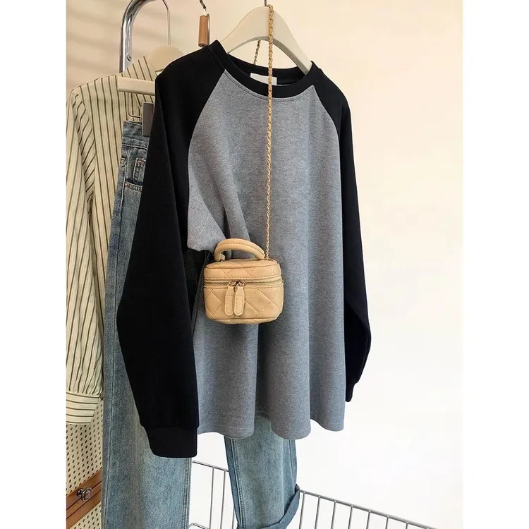 特大码胖mm女插肩磨毛长袖德绒内搭打底衫T恤秋撞色拼接早秋上衣