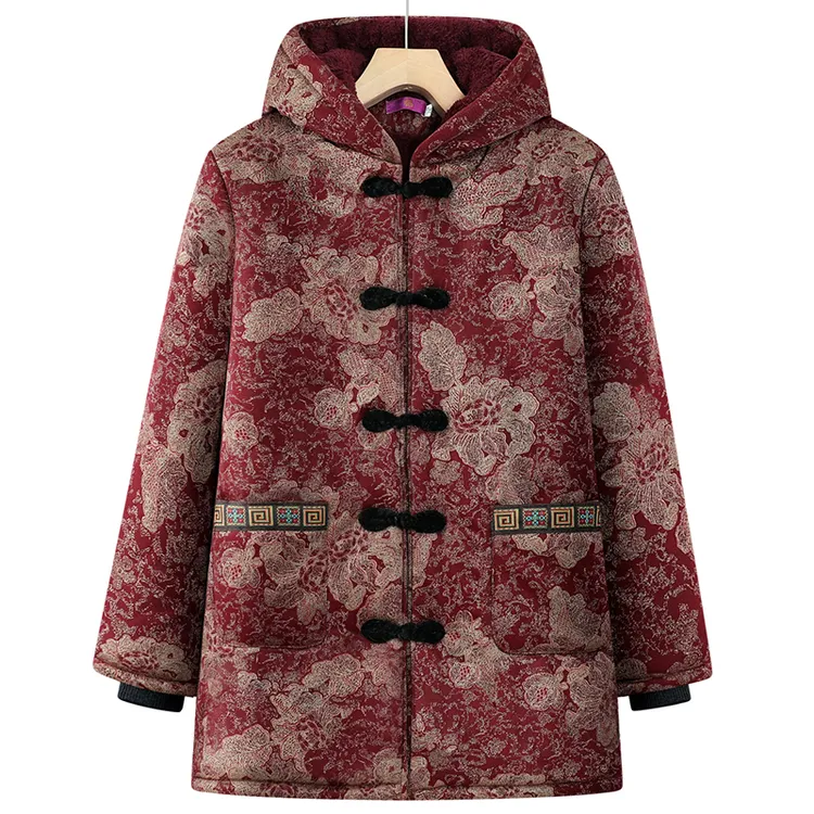 中老年女装冬季保暖棉衣妈妈装中长款加绒加厚连帽棉袄奶奶装棉服